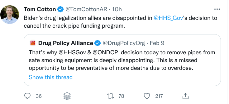 JoshuaBHoe's tweet photo. Tom Cotton is literally a ghoul (read the actual snippet he is quoting) 

Drug overdoses in the USA hit 100,000 ANNUALLY

The wheels on his political points-scoring bus are trying to KILL PEOPLE (not hyperbole, saving lives was the POINT of these programs) https://t.co/kpCejvOPq8