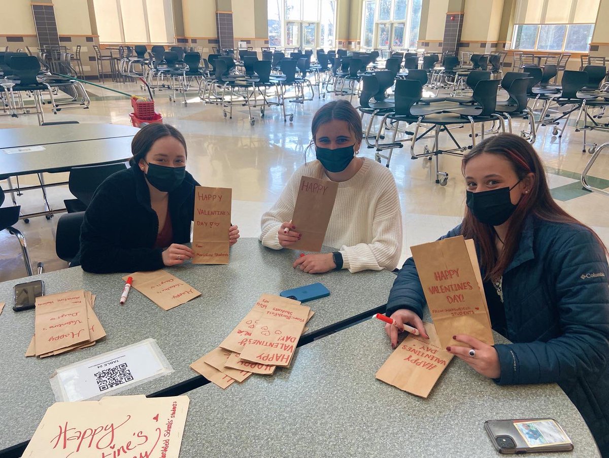 MarshfieldKC's tweet photo. Shoutout to everyone who came to help package Valentine’s Day gift backs for senior citizens! We included all of the amazing cards and Hershey Kisses you all brought in! Thank you everyone ☺️💖 #BetterTogether #WeRMarshfield https://t.co/0bkDUIc8G8
