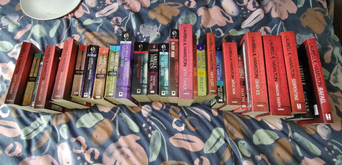 AMHartog's tweet photo. The local secondhand bookshop loved me today and I am going to love my reading genre for the next 12 months ❤️ @LKHamilton I hope you never stop producing you magic 📖🪄🥰 2 missing anthologies and Micah will be here next month, had to order those in. https://t.co/kkeRmFtPlm