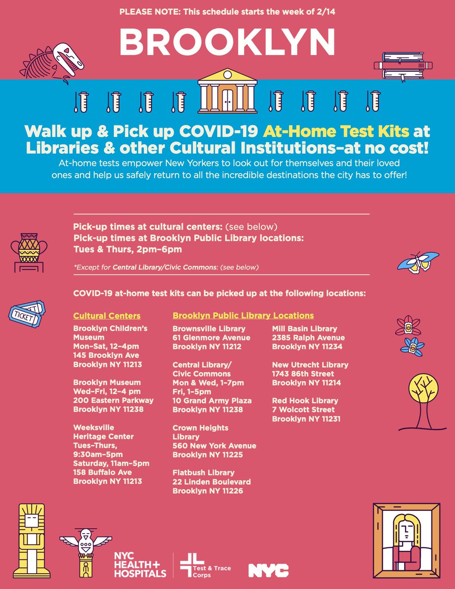 NEW: Beginning next week, NYers can pick up free covid at-home test kits at libraries and cultural institutions around the five boroughs.

Locations and hours: