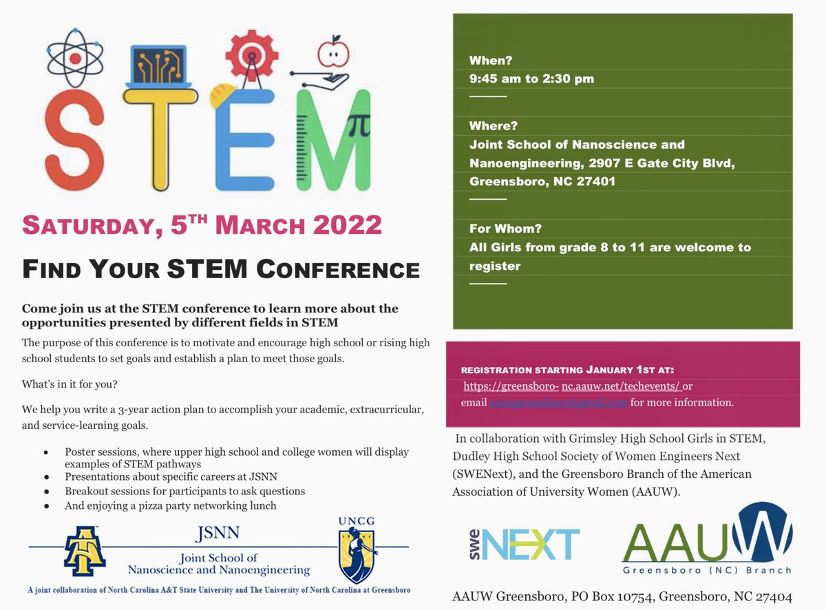 AAUWGreensboro's tweet image. Register for in-person or virtual participation in the Greensboro AAUW Find Your STEM conference for high school girls. #jsnn  #FindYourSTEM eventbrite.com/e/find-your-st…