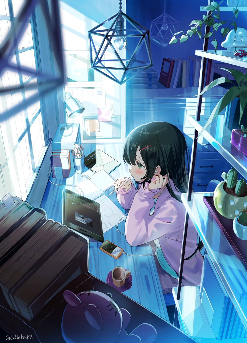 1girl black hair solo long hair window indoors cup  illustration images