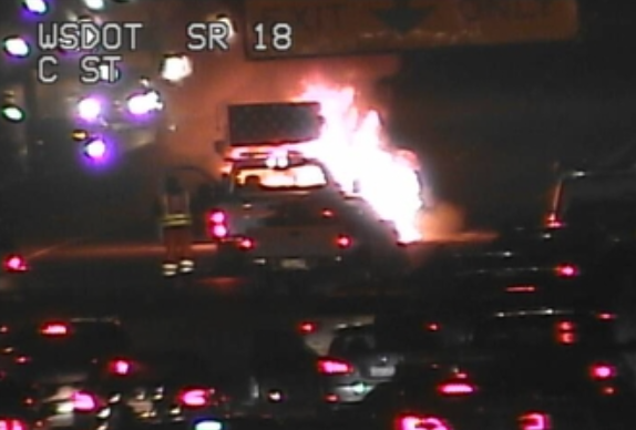 South Sound News (@southsoundnews) on Twitter photo #TrafficAlert <a href="/ValleyFire/">Valley Regional Fire</a> on the scene of a vehicle fire blocking WB SR-18 West of C Street. Vehicle fully involved, occupant able to escape without injury. #TrafficAlert <a href="/ValleyFire/">Valley Regional Fire</a> on the scene of a vehicle fire blocking WB SR-18 West of C Street. Vehicle fully involved, occupant able to escape without injury.