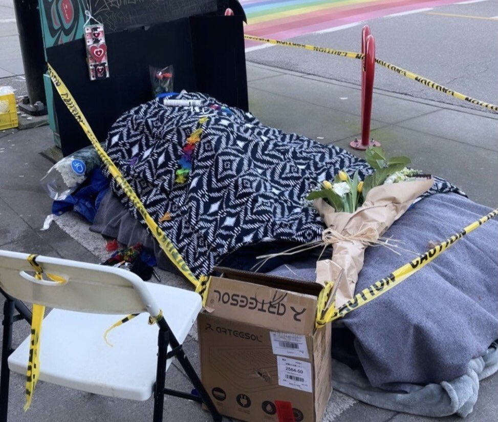 West Enders expressing sadness and leaving flowers/messages/cards at Davie and Bute after death of “Boomer,” a friendly fixture on the busy corner for many years. <a href="/GlobalBC/">Global BC</a> <a href="/CKNW/">CKNW</a>