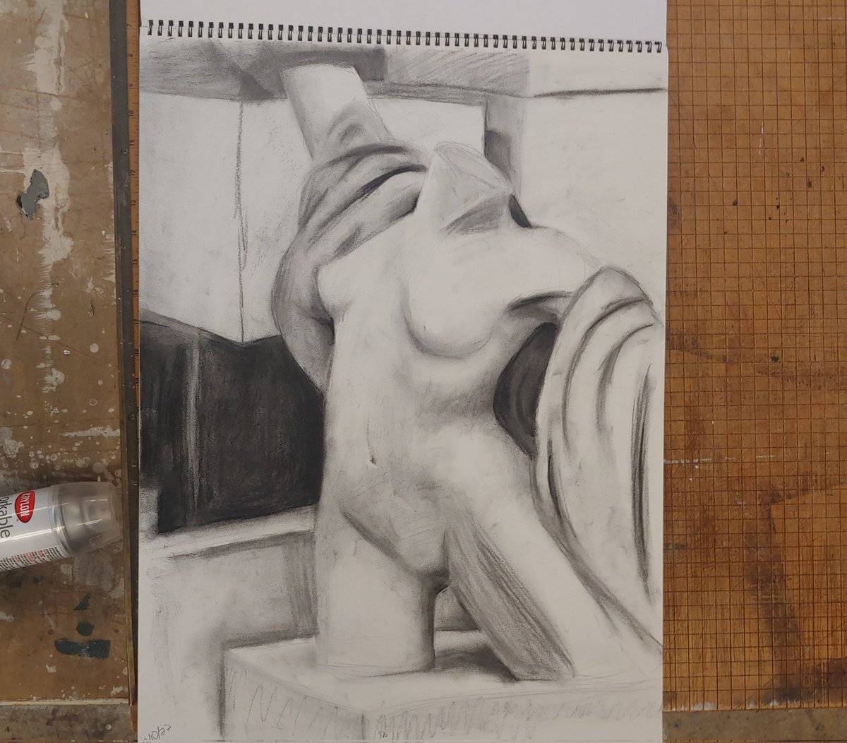 Did this yesterday (2/10/22) in Drawing 2. We didn't have a model so we just drew mannequins. Did this in around 1.5 hrs, and I'm low-key proud of it. #art #artistsontwitter #artwork #charcoal