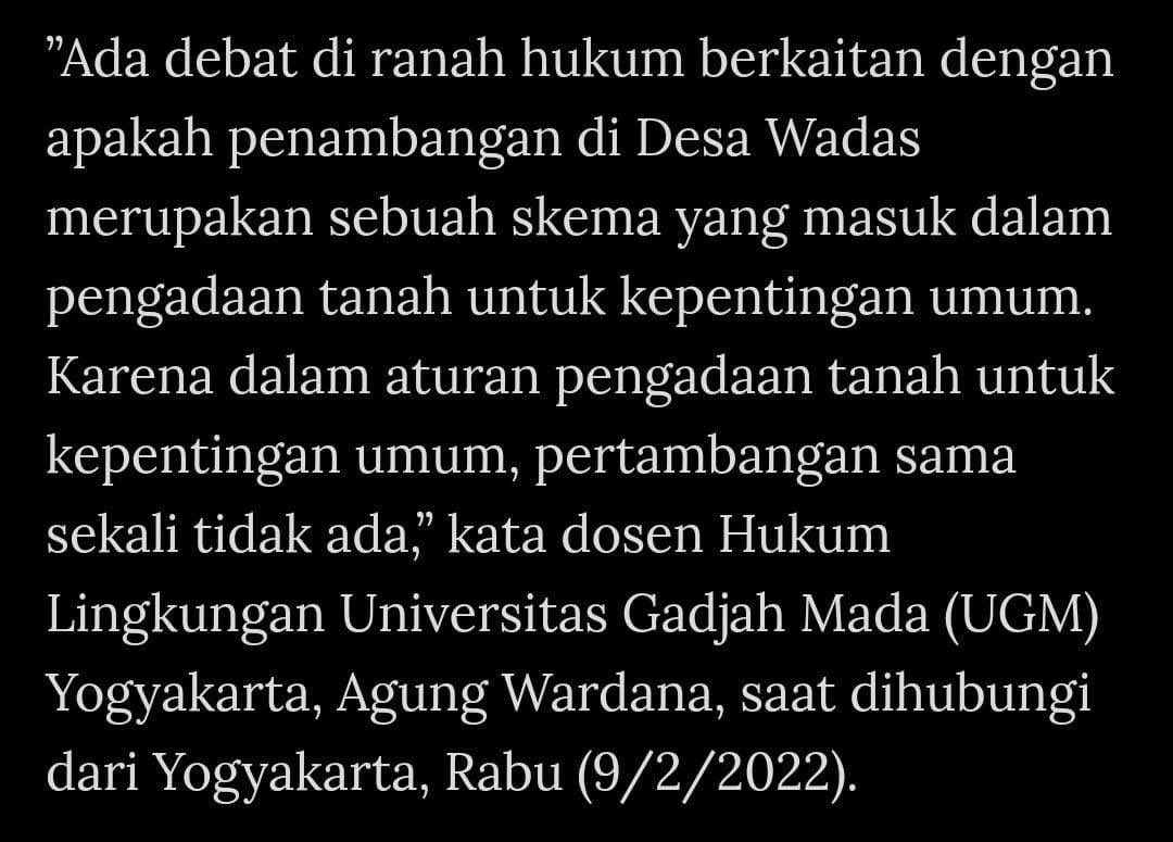 SUDAH CACAT PROSEDUR, DITOLAK, KOK MASIH MAU NAMBANG?!

Kegiatan Pertambangan Batuan Andesit BUKANLAH sbg objek pengadaan tanah untuk kepentingan umum. Hal ini melanggar ketentuan UU No. 2 Th 2012 tentang Pengadaan Tanah untuk Kepentingan Umum.
#WadasMelawan #WadasTolakTambang