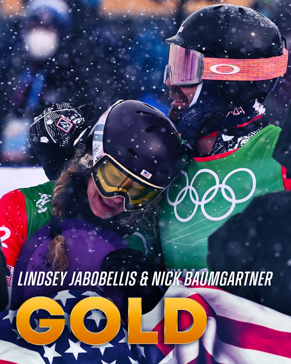 .<a href="/LindsJacobellis/">Lindsey Jacobellis</a> and <a href="/nickbaumgartner/">Nick Baumgartner</a> are GOLDEN!

They win the first-EVER Olympic gold medal in mixed team snowboard cross.
#WinterOlympics \\ #WatchWithUS \\ Team USA