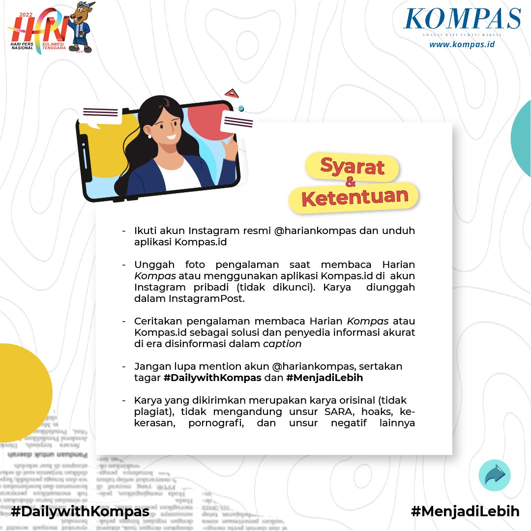 hariankompas's tweet photo. Dalam rangka Hari Pers Nasional 2022 Harian Kompas mengajak Anda berkreasi melalui #DailywithKompas. Unggah foto dan ceritakan pengalaman membaca Harian Kompas atau https://t.co/Z6bhYbEc1I di Instagram Anda. Ikuti syarat dan ketentuannya. #MenjadiLebih https://t.co/D8F8ZexzxO
