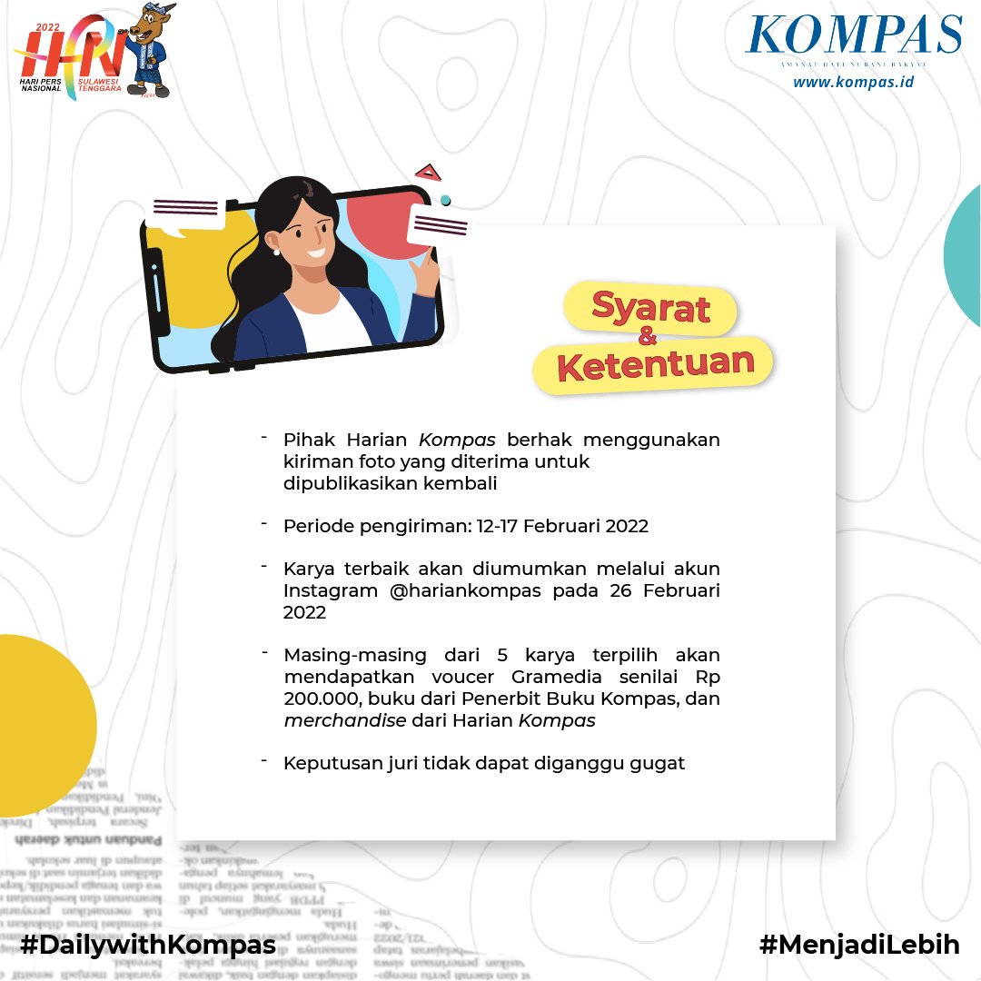hariankompas's tweet photo. Dalam rangka Hari Pers Nasional 2022 Harian Kompas mengajak Anda berkreasi melalui #DailywithKompas. Unggah foto dan ceritakan pengalaman membaca Harian Kompas atau https://t.co/Z6bhYbEc1I di Instagram Anda. Ikuti syarat dan ketentuannya. #MenjadiLebih https://t.co/D8F8ZexzxO