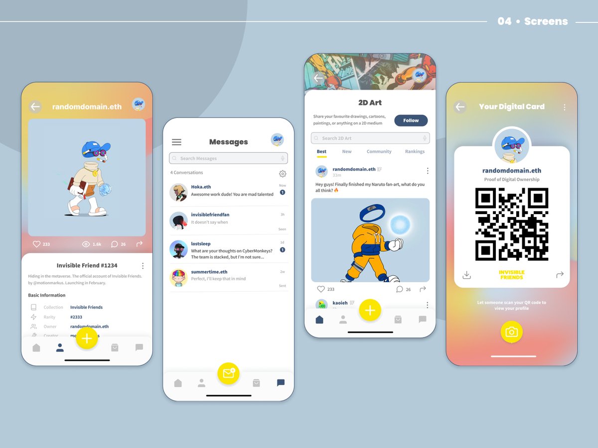 drawtofive's tweet photo. An @InvsbleFriends mobile app concept that brings users together to share posts, support each other and make meaningful connections❤️Cr @ben_bean03 for the amazing naruto fanart 

#BingBong @MotionMarkus @coinbilly @Ilovemytoast @ashh_eth @Mendez_NFT @flex_eth @nelsg_ @dribbble https://t.co/AhztkAHVgl