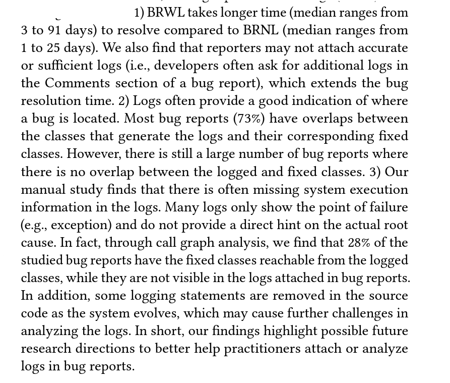 2/2 
Paper2: "Demystifying the Challenges and Benefits of Analyzing User-Reported Logs in Bug Reports"

We study how useful logs in bug reports are in locating buggy files petertsehsun.github.io/papers/logs-in…

<a href="/wang_shaowei/">Shaowei Wang</a>
