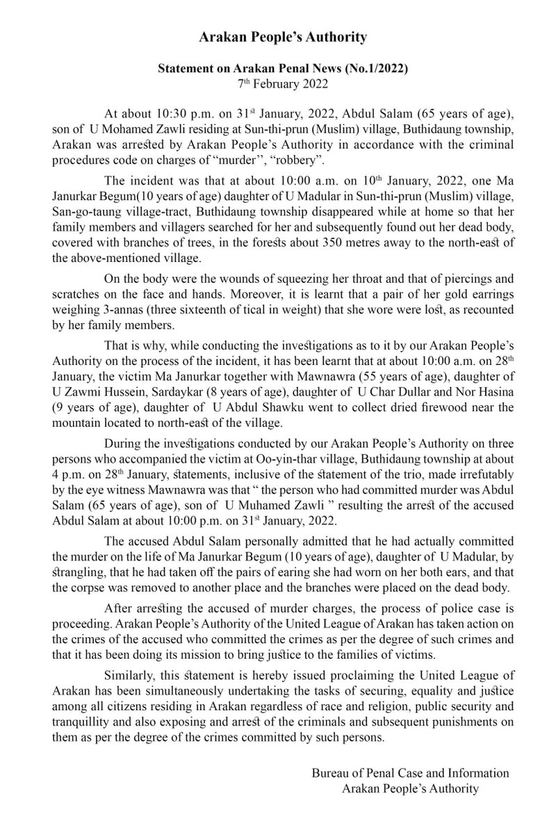 justice4arakan's tweet photo. Arakan People's Authority

Statement on Arakan Penal News (No.1/2022) https://t.co/838lAsW1om