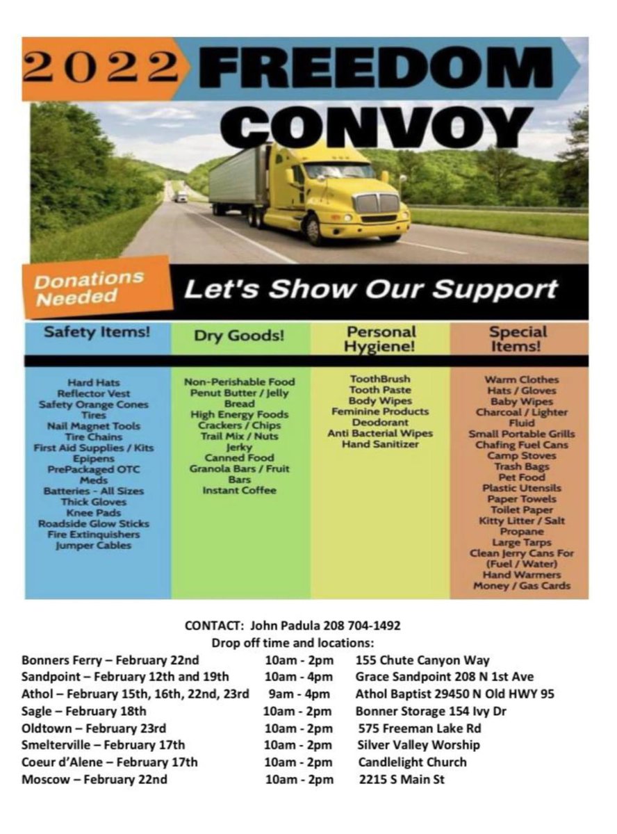 North Idaho #FreedomTruckers are seeking handouts to take a principled ‘conservative’ stand in support of the free market. Local patriots also recommend stocking up for a month based on their plans. I’m thinking the irony is lost. 😂 #idpol #idleg