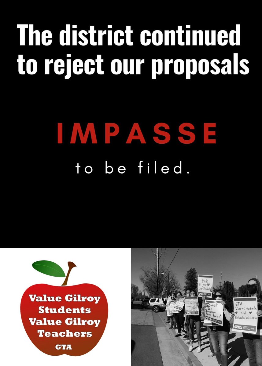 GilroyTeachers's tweet photo. Despite all of OUR efforts, the District continued to reject our proposals. The District’s lack of willingness to commit to improving the lives of students and educators has led to an impasse. 
#ValueGilroyStudents #FairAndReasonable #ValueGilroyEducators https://t.co/PuEyVJyzIk
