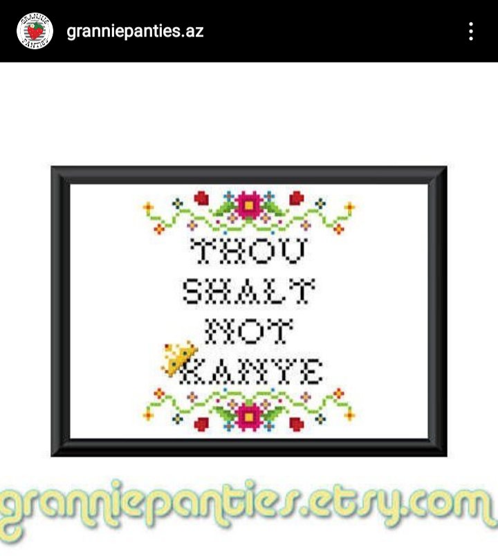 kitschbitschPHX's tweet photo. Thou Shalt Not Kanye counted cross stitch pattern

https://t.co/dKjXbKqh04 https://t.co/MYx6e9THPU