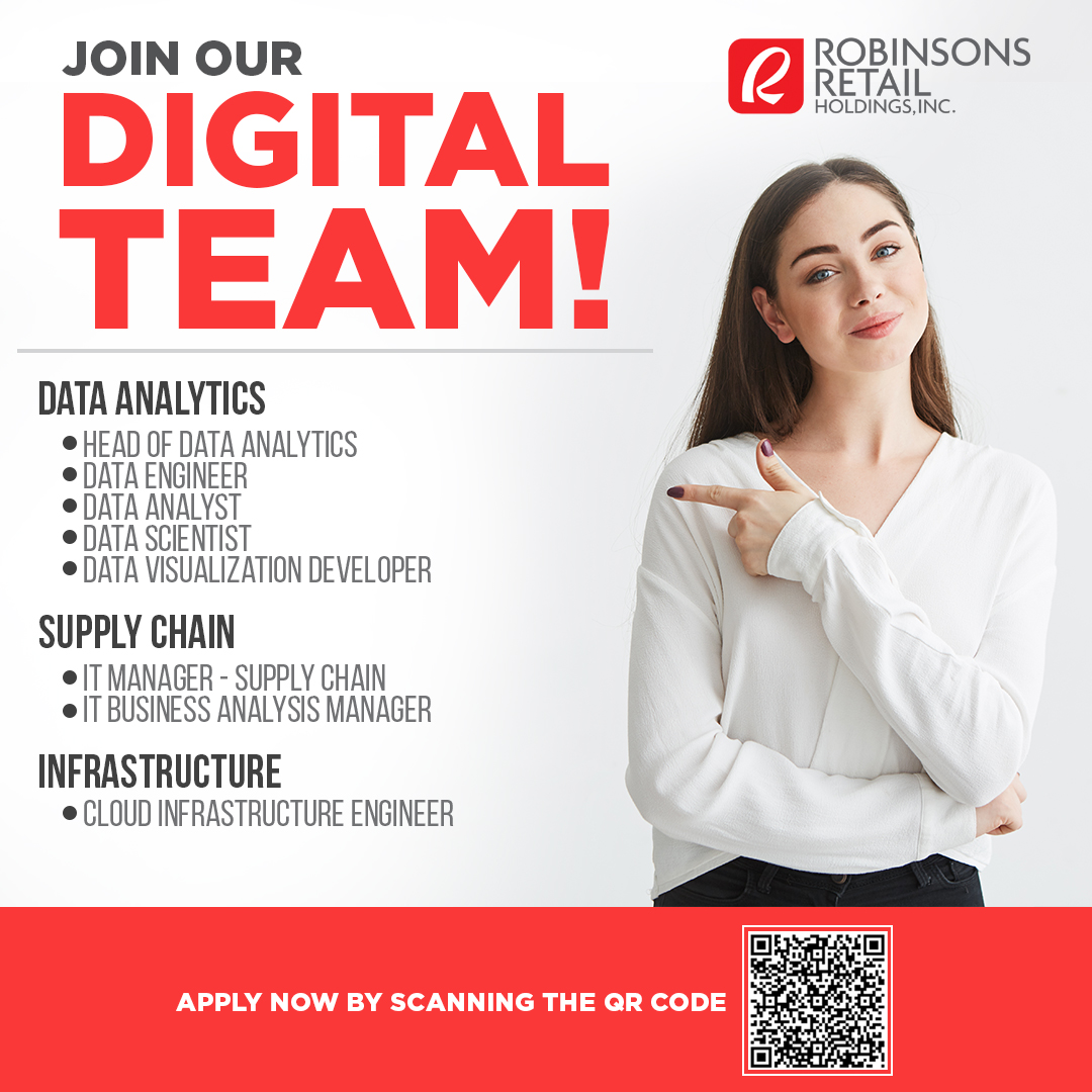 JoinJGSummit's tweet photo. Join our Digital Team! Together let's shape our digital foundation. Check Robinsons Retail's DIGITAL and IT careers!
Apply Now! 👉 https://t.co/mTwXNS4nHN
#DigitalCareers #RobinsonsRetail #GoRobinsons #WeAreJGSummit #GokongweiDigitalCareers #JoinJGSummit #DataAnalytics https://t.co/ysg71jyPzz