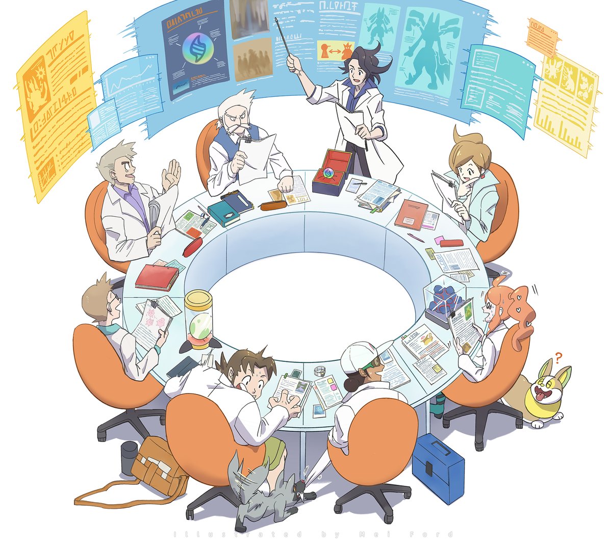 sonia (pokemon) labcoat multiple boys pokemon (creature) chair sitting holding multiple girls  illustration images