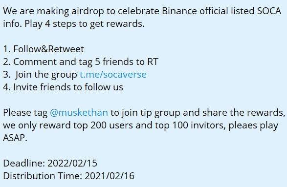 Socaverse's tweet photo. We are making airdrop to celebrate Binance official listed SOCA info. 4 steps to get rewards.

1. Follow&amp;Retweet
2. Comment and tag 5 friends to RT
3.  Join the group https://t.co/qKAbm8XVKU
4. Invite friends to follow us https://t.co/NV4OQGreyx