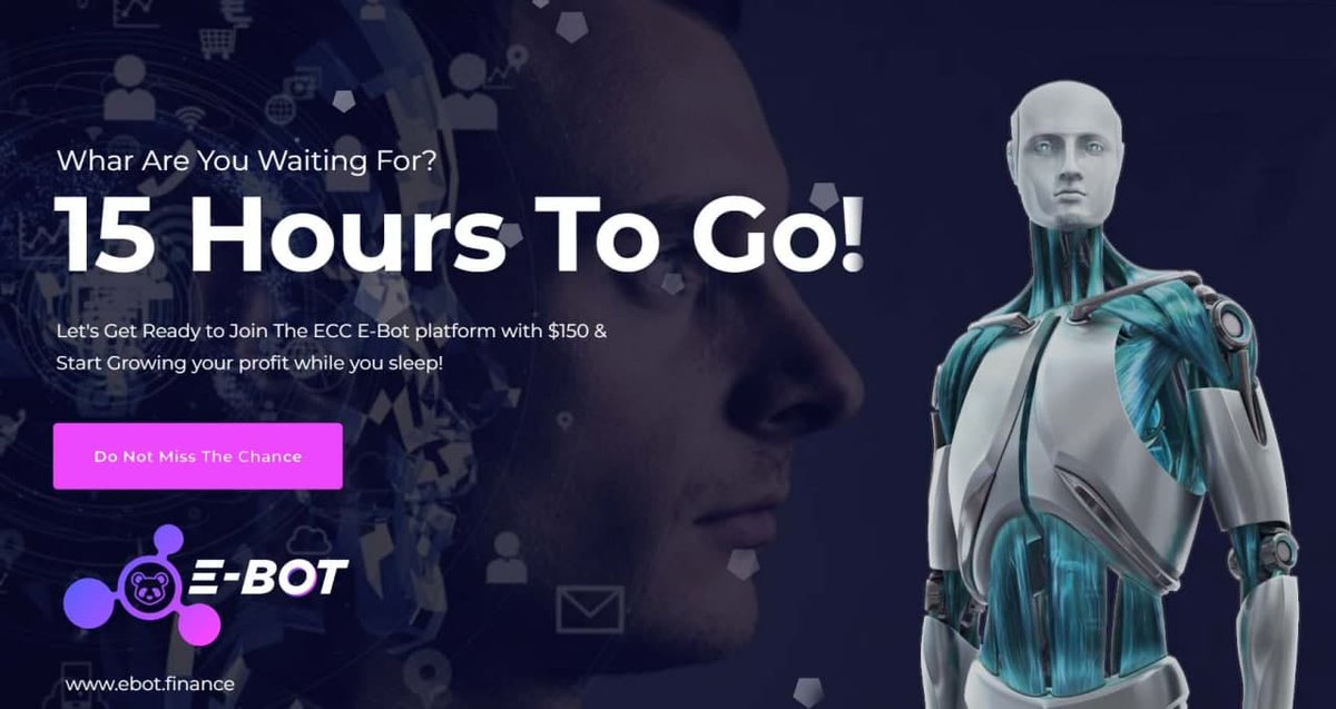Let's Get Ready to join the  𝐄𝐂𝐂 𝐄-𝐛𝐨𝐭 Platform with 150$ &amp; Start Growing Your Profit While You Sleep.

✅Join E-Bot Today👉ebot.finance

✅Join our Telegram Channel For more Details👉 t.me/etherconnectof…

#Ebot #ECC #Stablecoin #Staking #DeFi #Crypto