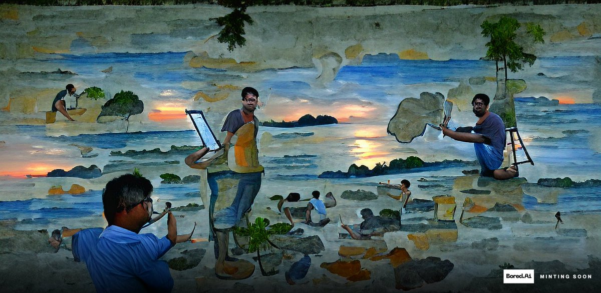 dtimoshe's tweet photo. Asked @WeBoredAi to make a picture of me, painting at Andaman beach by using #Text2Art 
I was skeptical about AI art, but now it's more and more entertaining to throw ideas at the bot and see awesome results! https://t.co/guku3vM5iM