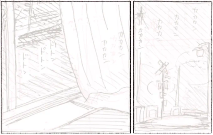 レイアウト、台詞打ち込み、吹出し作画が終わったので、ようやく背景線画作業に入ります。長い戦いだー

これは夏の夜の高山本線。踏切の音がちょっと変わっていて、カンカンではなくカカカンなのです。 