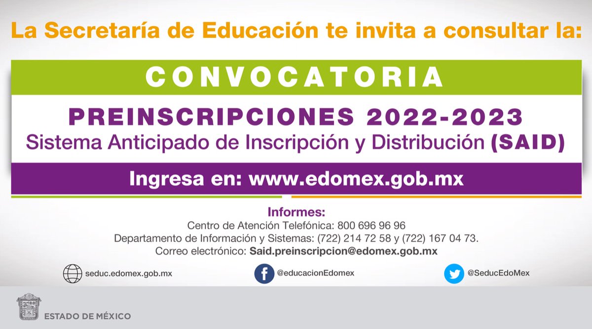 secti_edomex's tweet photo. #SAID2022 | Recuerda que las preinscripciones para primer ingreso a preescolar, primaria y secundaria en el #Edoméx se llevan a cabo del 14 de febrero al 29 de abril de 2022.
¡Garantiza un lugar para tu hija o hijo!
Conoce la convocatoria en 👉 https://t.co/B0Dlf6MEIC https://t.co/BFwZkq0cVc