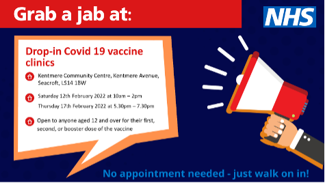 #GrabAJab at Kentmere Community Centre TODAY!

For all walk-in vaccination clinics in Leeds see: bit.ly/34Caa4U