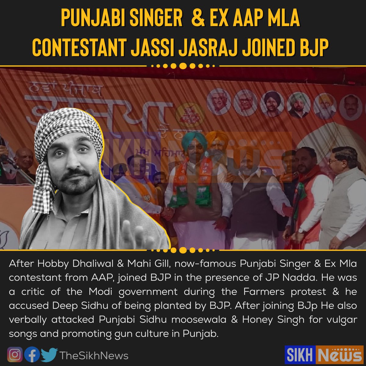 TheSikhNews's tweet photo. Punjabi Singer &amp; Ex Mla competitor Jassi Jasraj joined BJP &amp; leader JP Nadda welcomed him to the Party.

#punjabelection2022 #jassijasraj #Bjp https://t.co/NaT6nRrJvg