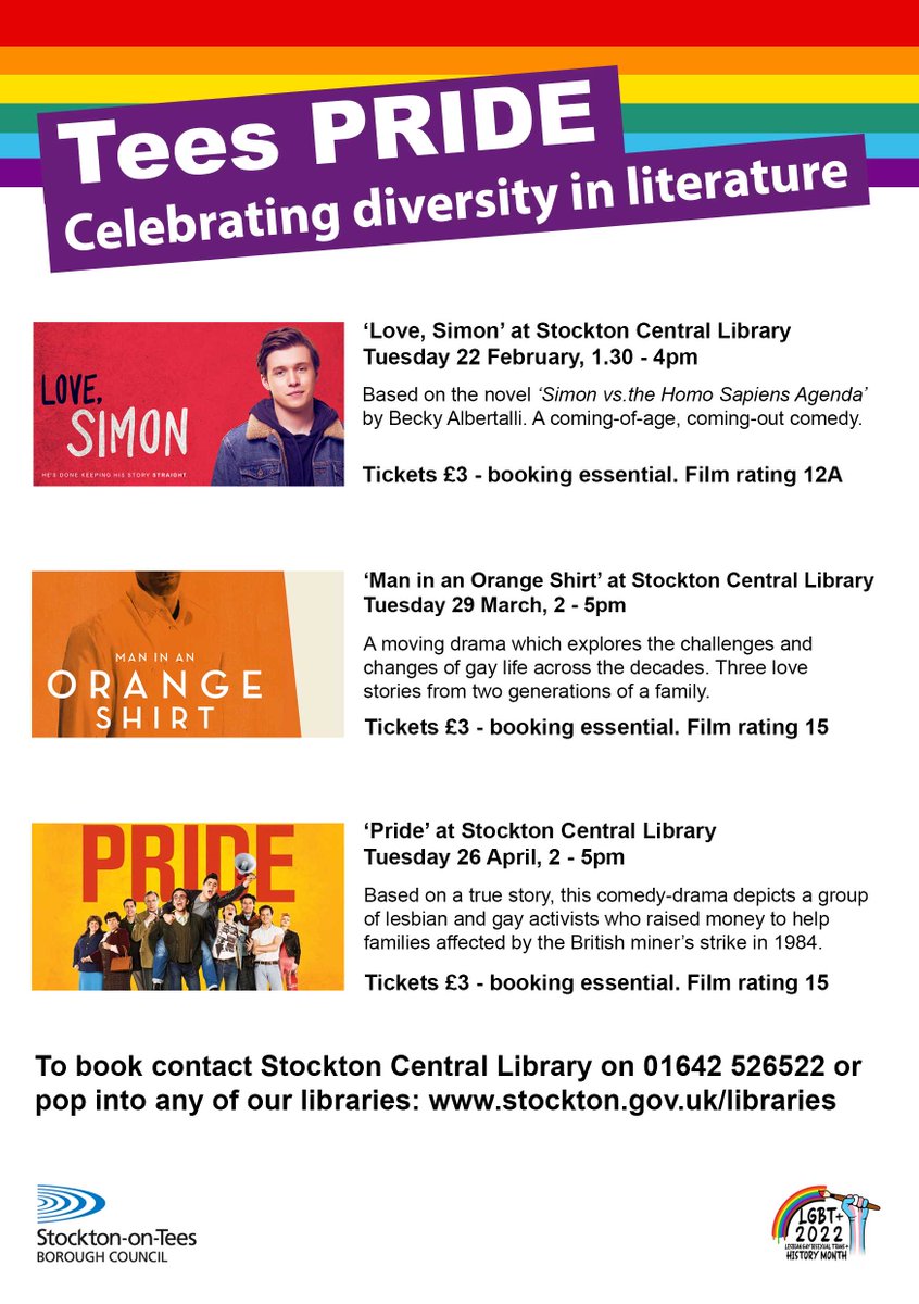 stocktonlibrary's tweet photo. Film screenings of โLove, Simonโ, 'Man in an Orange Shirt' and 'Pride' at #StocktonCentralLibrary on Tues 22 Feb, Tues 29 March and Tues 26 April. Tickets ยฃ3 each - booking essential. To book and for further information call 01642 526522 #TeesPRIDE https://t.co/ElXmllIBxA