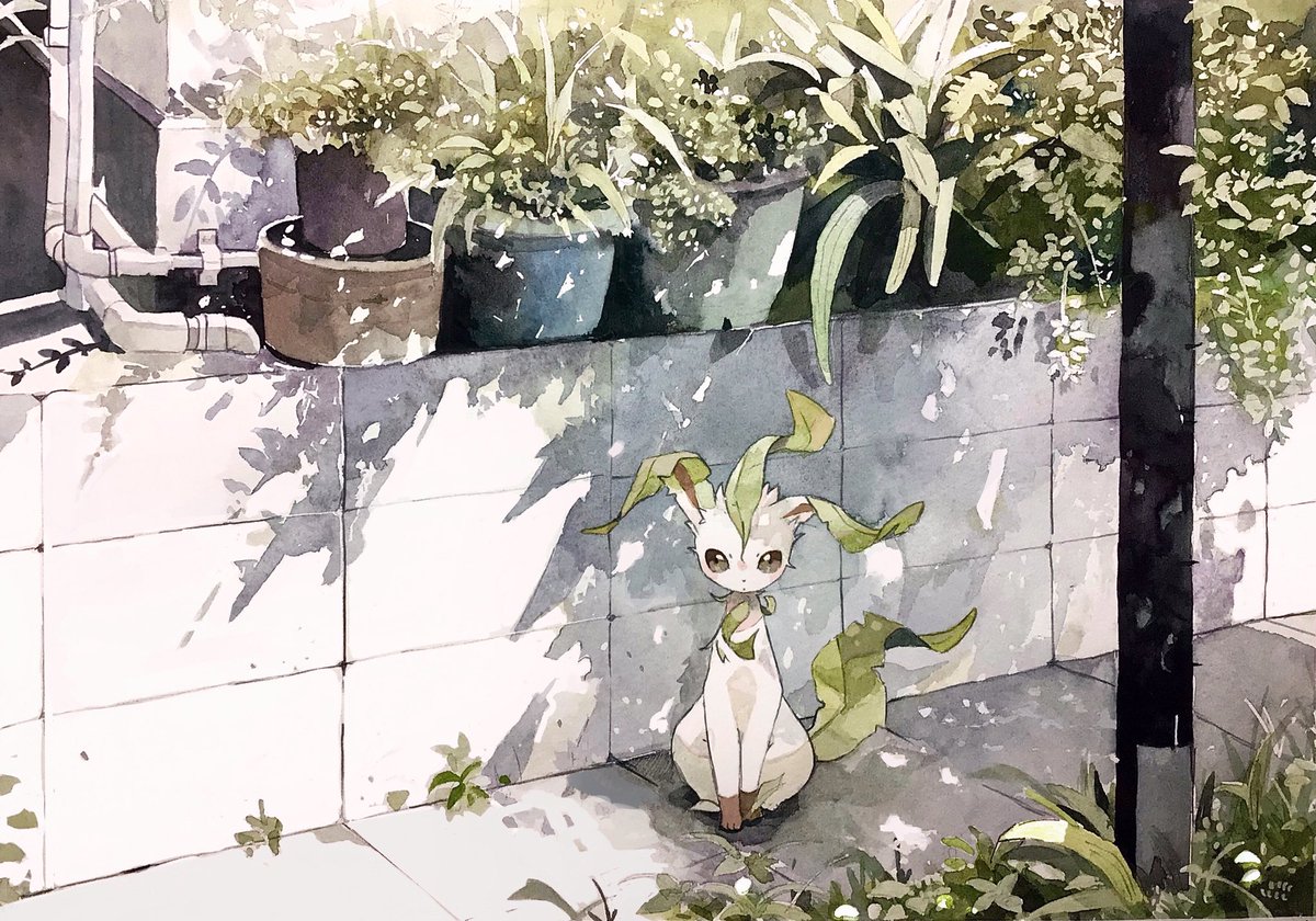 leafeon no humans pokemon (creature) solo plant outdoors sitting day  illustration images