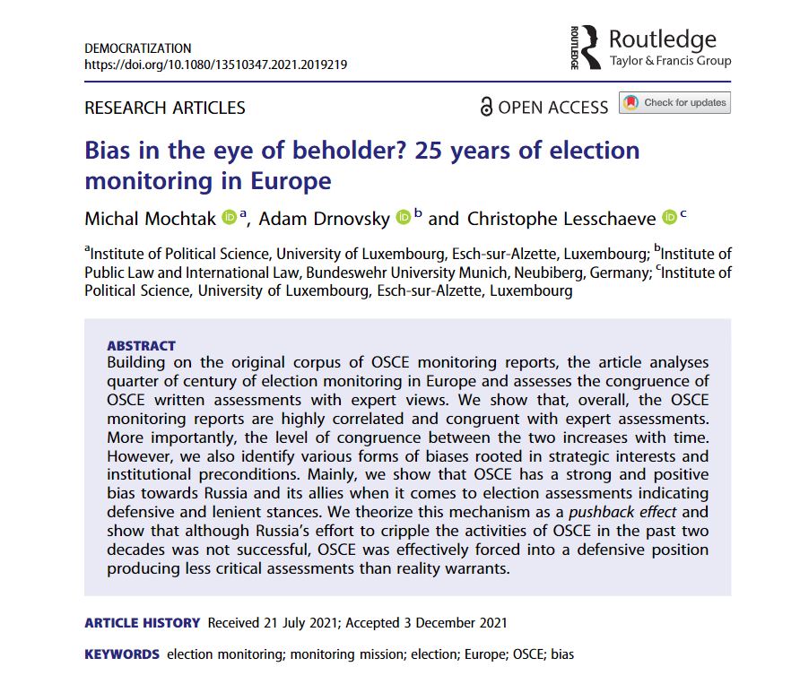 Election monitoring reports from <a href="/osce_odihr/">OSCE/ODIHR</a> correlate w expert assessment of #ElectoralIntegrity. But, there is a strong and positive bias towards Russia + allies, indicating defensive and lenient stances, say <a href="/MichalMochtak/">Michal Mochtak</a>, A. Drnovsky &amp; C. Lesschaeve tandfonline.com/doi/full/10.10…