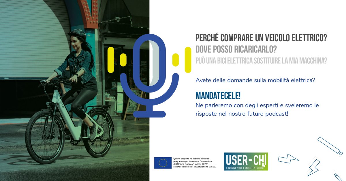 In <a href="/Userchi_H2020/">USER-CHI</a>, stiamo preparando una serie di podcast per dirvi tutto su #eVehicles.

Se ti stai ancora ponendo domande sugli #eVehicles, questa è la tua occasione per avere delle risposte! Scrivici a <a href="/Userchi_H2020/">USER-CHI</a> su twitter