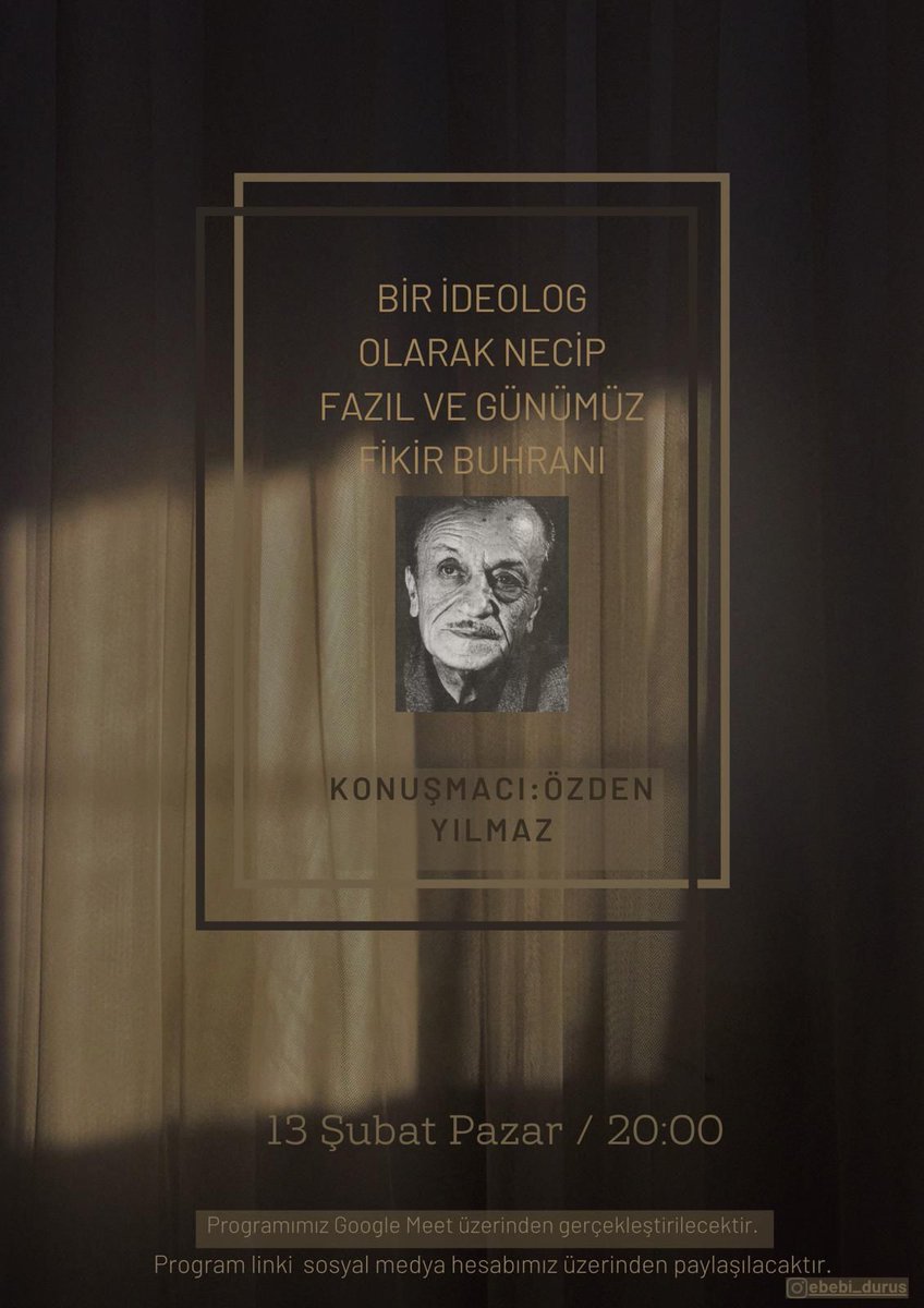 13 şubat pazar günü (yarın) akşam saat 20.00'da Büyük Doğu Fikir Ocakları genel başkanı Özden Yılmaz beyefendi ile "Bir ideolog olarak Necip fazıl ve günümüz fikir buhranı" başlıklı online konferansımızı gerçekleştireceğiz. Sizleride bekleriz.