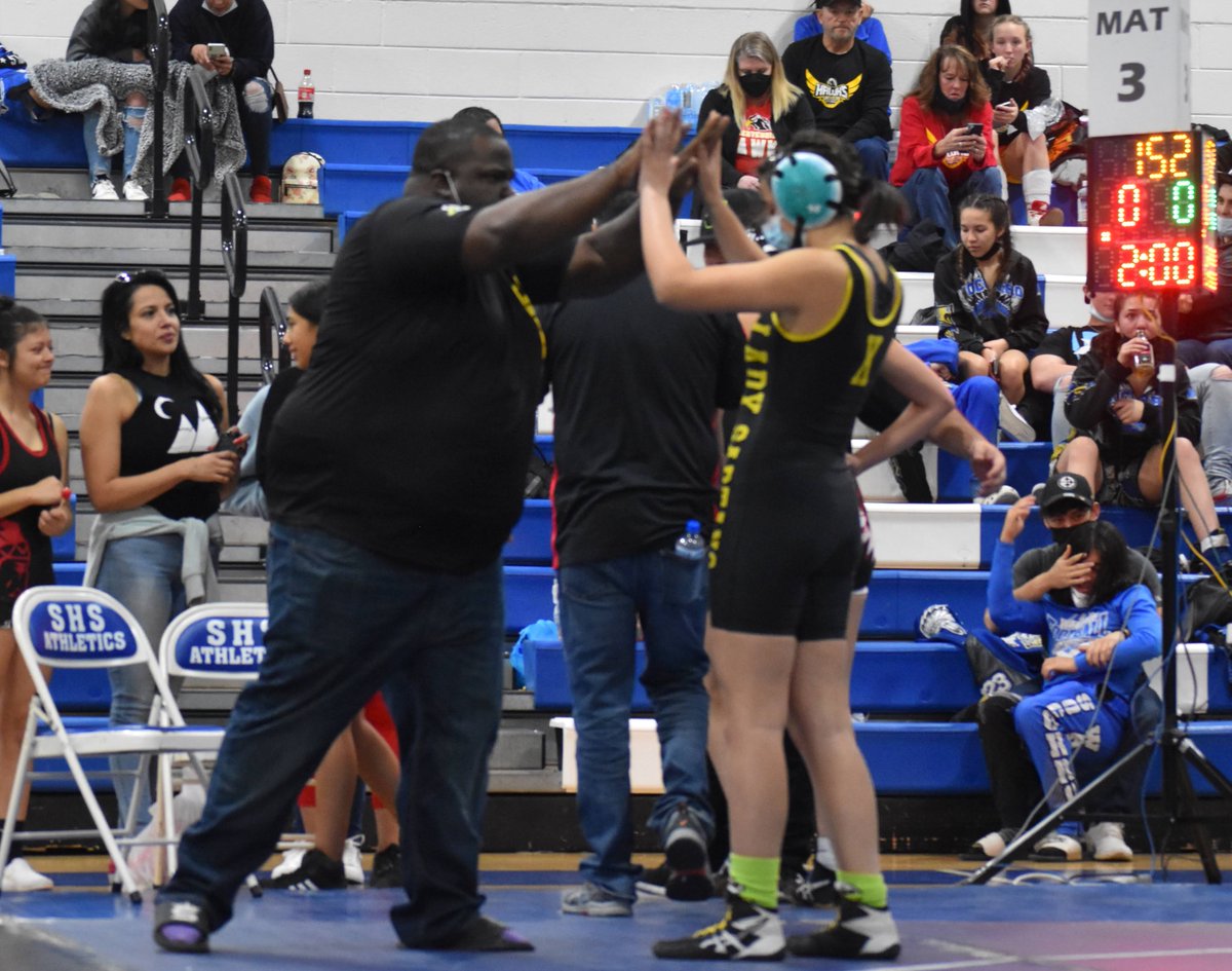 SartanX's tweet photo. District girls wrestling in Socorro ended with two Sartans advancing to state! Claudia Aragon placed 2nd in her weight class, Zia Budagher took 3rd, and Abigail Rael placed in the top six. Claudia and Zia are headed to State next Saturday! Great day for girls #SPXWrestling! https://t.co/4U9DrsivS9