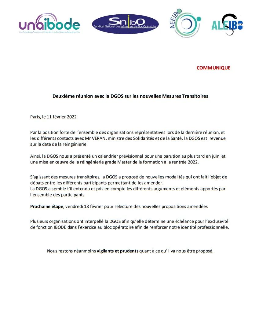 Voici un communiqué commun <a href="/unaibode/">UNAIBODE</a>  <a href="/SyndicatIbo/">SNIBO</a>  <a href="/aeeibo/">AEEIBO</a>   <a href="/ALEIBO2/">ALEIBO</a>
Dispositif transitoire:les nouvelles modalités présentées ont fait l’objet de débats argumentés et étayés permettant de les amender. 
Prochaine étape, le 18 février pour relecture des nouvelles propositions