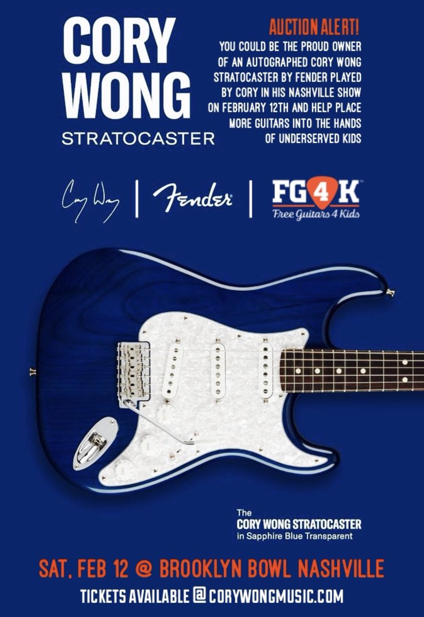 ATTENTION NASHVILLE! @corywong will be @BBowlNashville on 2-12-22 & auctioning an autographed “Cory Wong Stratocaster” by @Fender w/ proceeds benefitting our organization! Get tickets @ CoryWongMusic.com Thank you, Cory & Fender, for your generous support of FG4K!