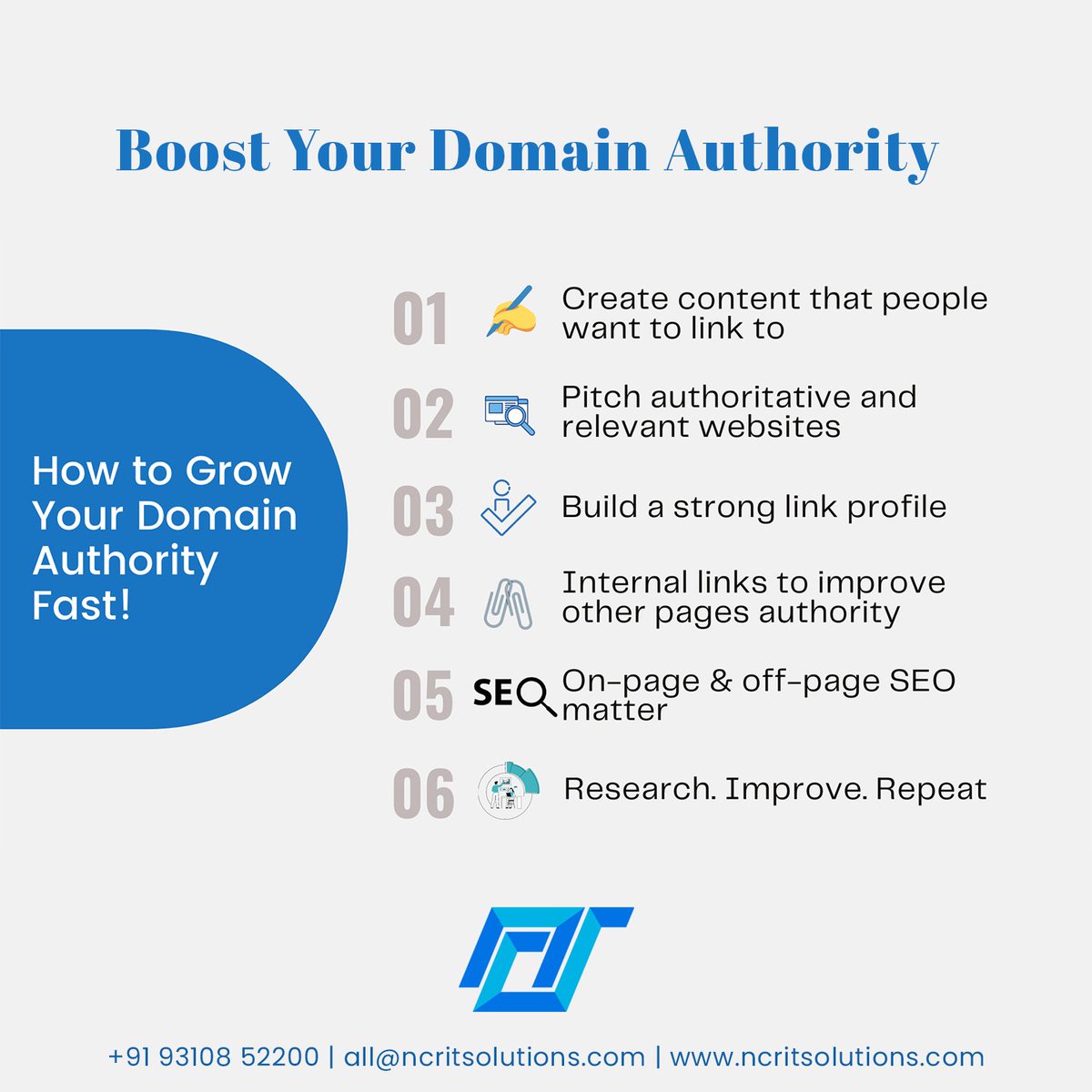 NCRITSol's tweet image. How to increase your website&apos;s domain authority?
Tips for Boost Domain Authority

#NCRITSolutions #DomainAuthority #seoforwebsite #seotips #searchengineoptimization #digitalmarketing