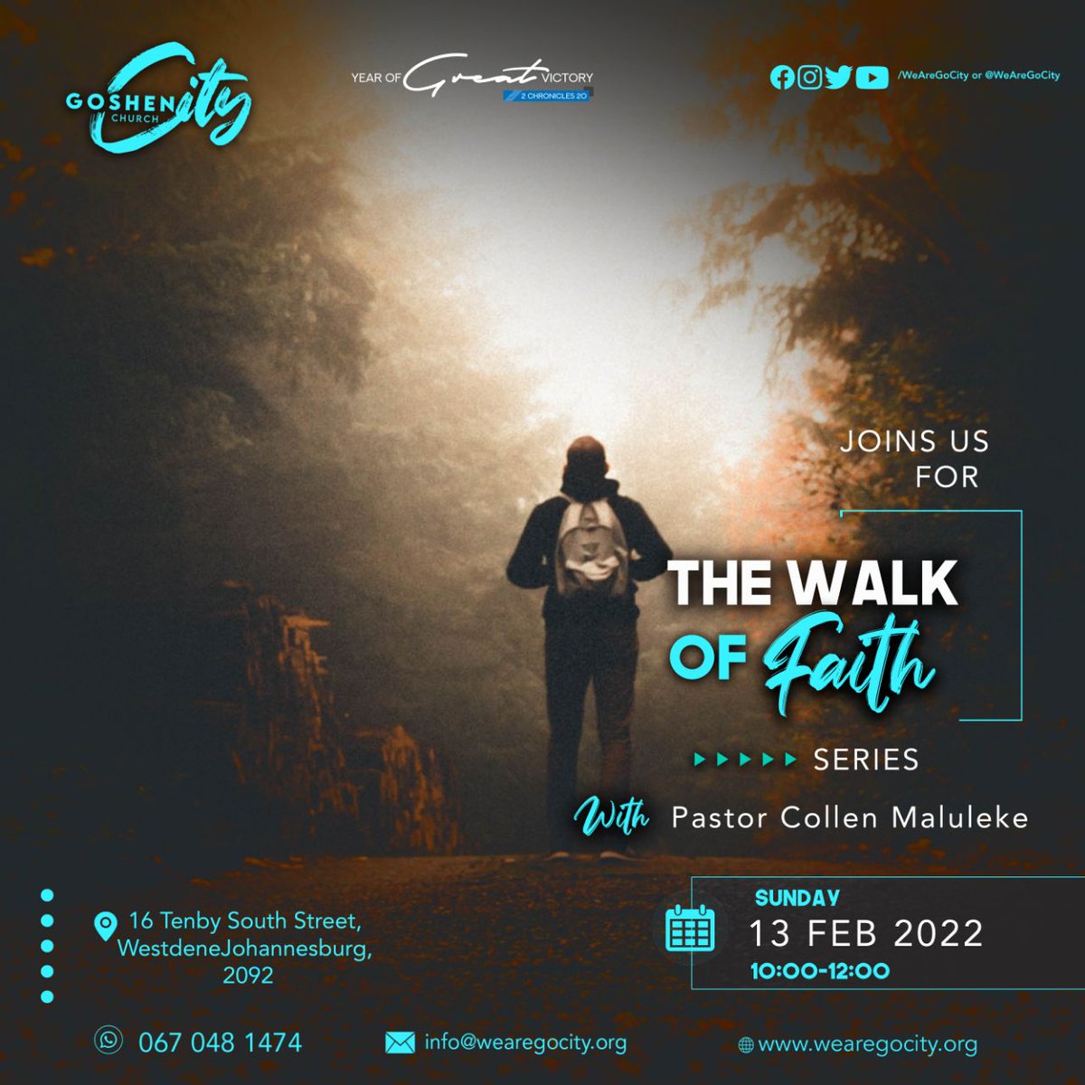 WeAreGoCity's tweet photo. Pastor Collen Maluleke will tomorrow morning begin the #WalkofFaithSeries. Come fellowship with us at Goshen City Church. #GoDemonstrate #WeAreGoCity https://t.co/FayC3I5kQ1