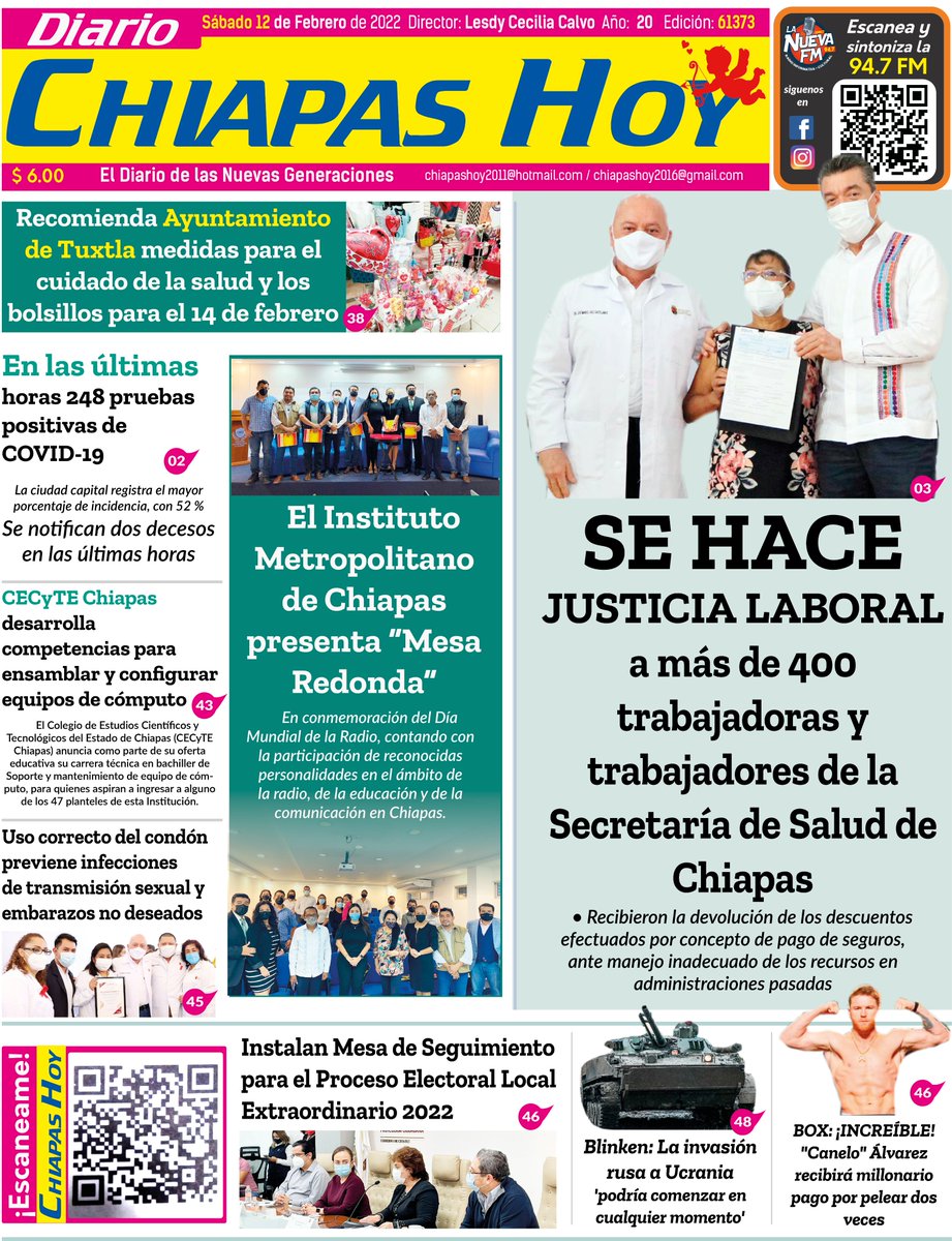 Chiapas_Hoy's tweet photo. ¡Buen día! Esta es nuestra portada de hoy sábado 12 de febrero
AQUÍ: https://t.co/DYHTxKdbDb
CHIAPAS HOY: https://t.co/dK6U2PQGct
MÉXICO HOY: https://t.co/bIq4rYQgha
#GRUPOROCAF https://t.co/Zvasc9k9fS