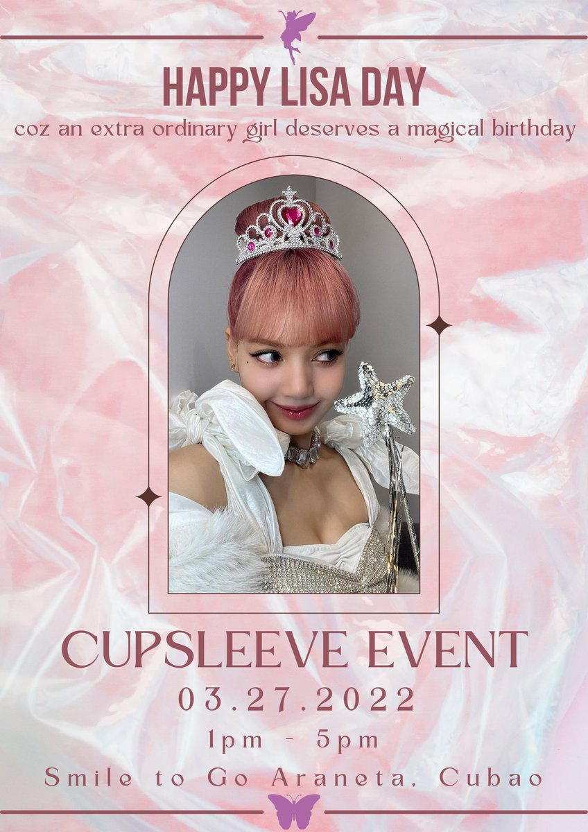 cupsleevebycrj's tweet photo. 🧚‍♀️ Magical Lisa Day 🧚‍♀️
Come and join us with our first cupsleeve event!

A birthday cupsleeve event for Blackpink Lisa

🗓️: March 27, 2022 [Sunday]
🕛: 1:00-5:00 PM
📍: Smile to Go Cafe, Araneta Cubao Quezon City

More details will be posted soon. Make sure to follow us! https://t.co/KpSv4bJg8p