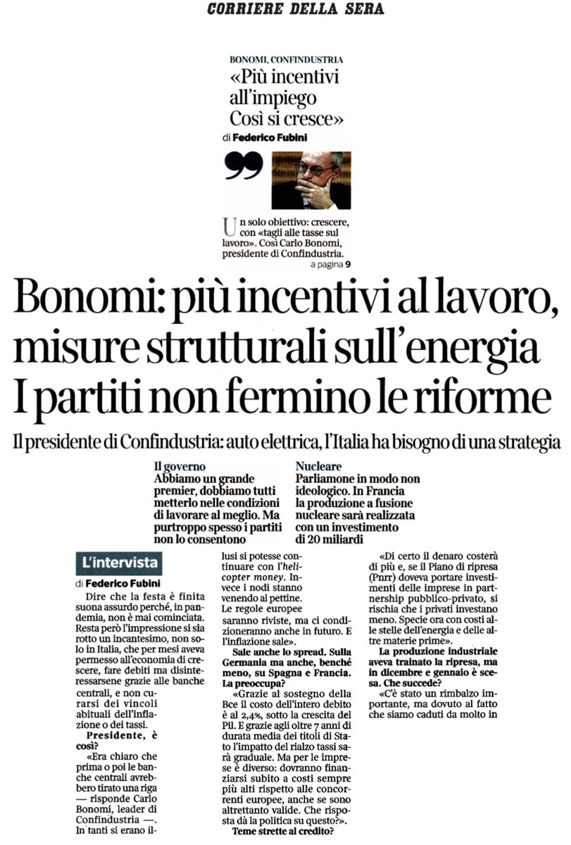 CarloBonomi_'s tweet photo. #12febbraio intervista @Corriere. 

#IlCoraggiodelFuturo è Riformismo Competitivo ! Per crescere, creare occupazione, rendere 🇮🇹 un Paese moderno, efficiente e inclusivo, abbiamo bisogno delle vere #riforme strutturali che aspettiamo da decenni. Non possiamo più attendere. https://t.co/zqj2NOYlkp