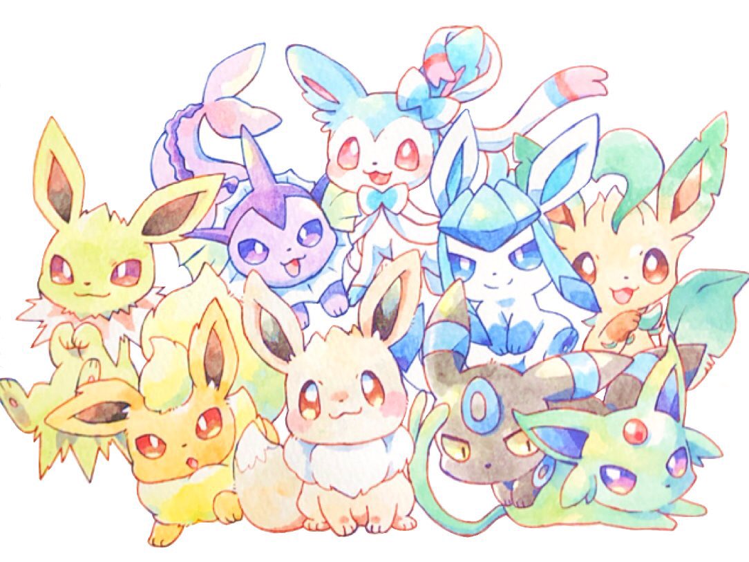 eevee ,espeon ,glaceon ,leafeon ,sylveon ,umbreon ,vaporeon no humans pokemon (creature) smile open mouth closed mouth white background :3  illustration images