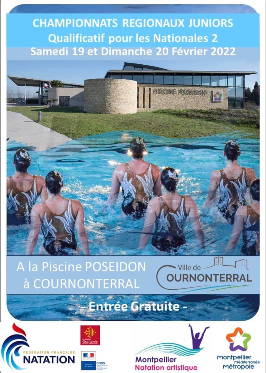 Le week-end prochain à #Montpellier, échéances régionales en Nat Course à la Piscine Olymp Angelotti et en Nat Art à Cournonterral. Merci <a href="/Montpellier3m/">Montpellier Métropole</a> pour la mise à disposition des équipements. Merci aux clubs, #3MUC et <a href="/3MNatSynchro/">Montpellier Natation Artistique</a>, pour l’organisation de ces compétitions.