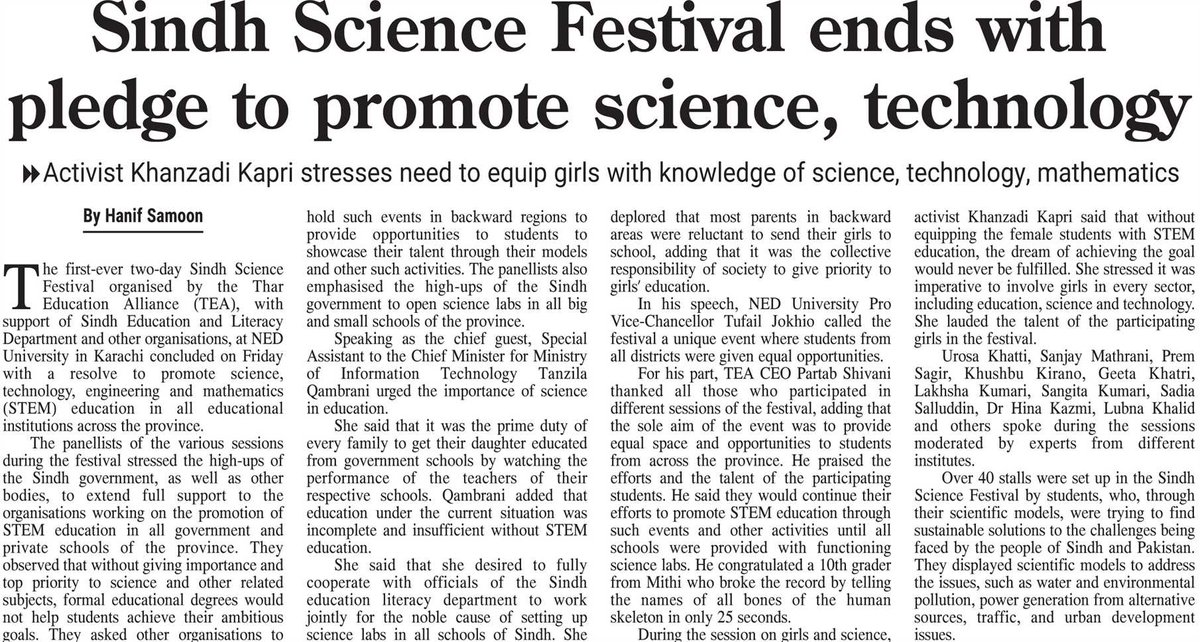 Geetapershotam's tweet photo. #SindhScienceFestival concluded with pledge to promote STEM education.Icongrats to whole team of @TharEduAlliance students teachers and participants of such a wonderful event #NED #Karachi. https://t.co/yCcUkzIHiq
@TharEduAlliance @ZiauddinY @PartabShiwani @VinodSharmaPK
