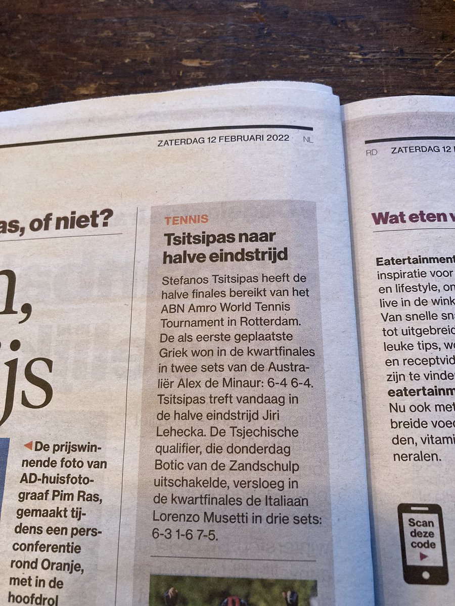 BertvanderVelde's tweet photo. Internationaal ATP-tennistoernooi in eigen land. Van kwart- naar halve finale. Laatste pagina sportkatern. Piepklein kolommetje. Beetje mager? #abnamrowtt #AD #ADsport #KNLTB https://t.co/Kr6vinOVUJ
