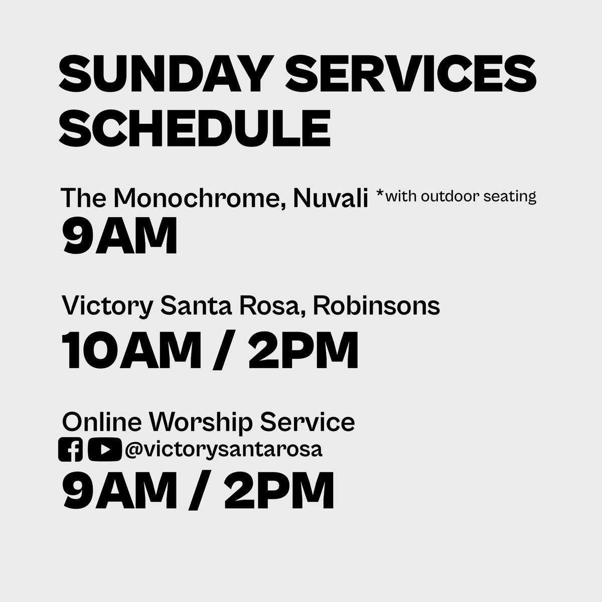 Join us on our Sunday Services! Let us worship together with our church family ONSITE or ONLINE! 😁🙌

For those of you who are joining us in our Onsite Worship Services, you may pre-register through this link: register.victory.org.ph/santarosa. Registration opens every Saturday at 7AM.