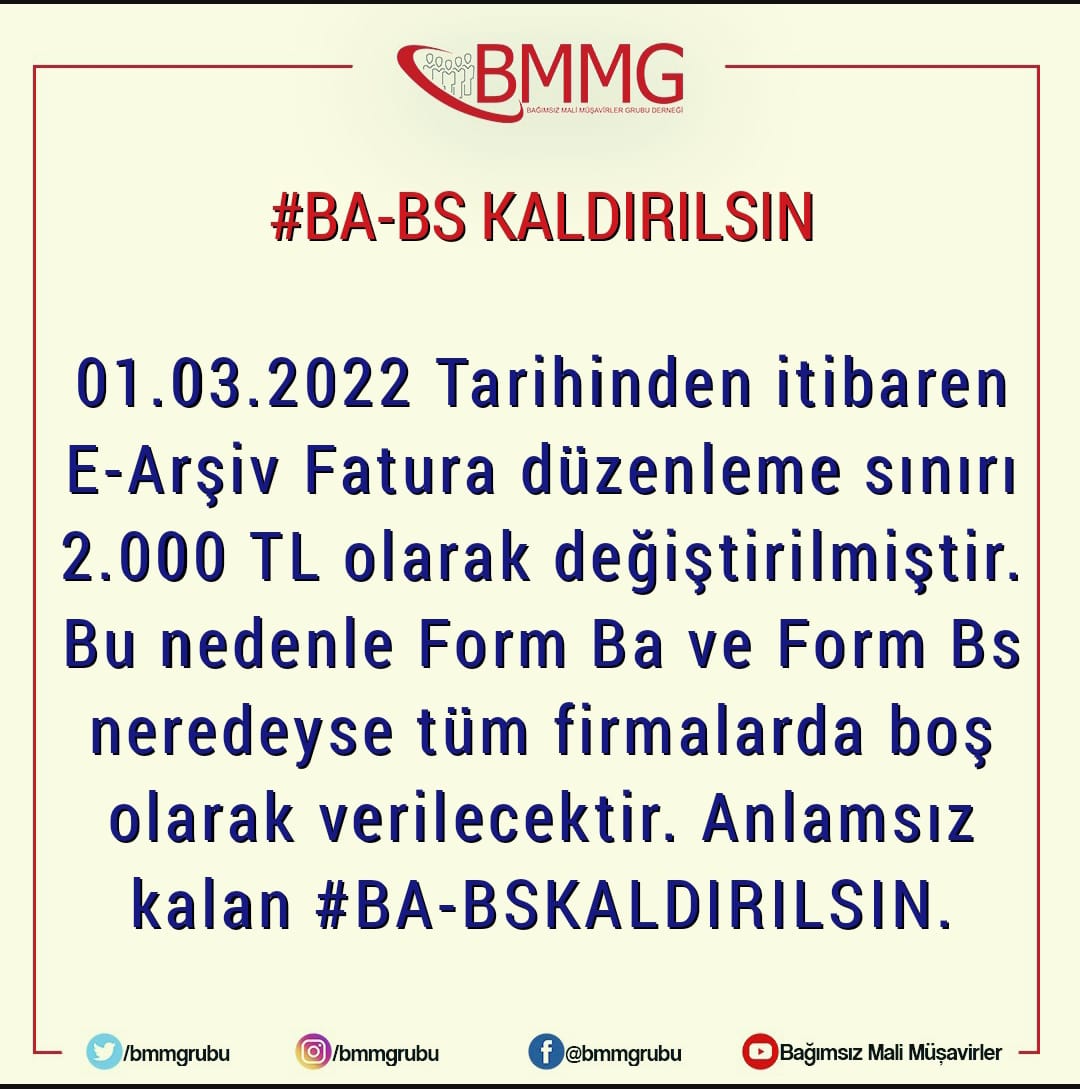 bmmgrubu's tweet photo. E-Arşiv Fatura düzenleme sınırı fiş kesme sınırı ile aynı rakama geldiğinden kağıt fatura düzenleme sayısı minimum seviyeye inecek ve BA-BS Formları boş olarak verilecektir. Bu nedenle #babskaldırılsın #bmmgrubu 

https://t.co/PZNgShB9Hg https://t.co/UqryjwY3x2