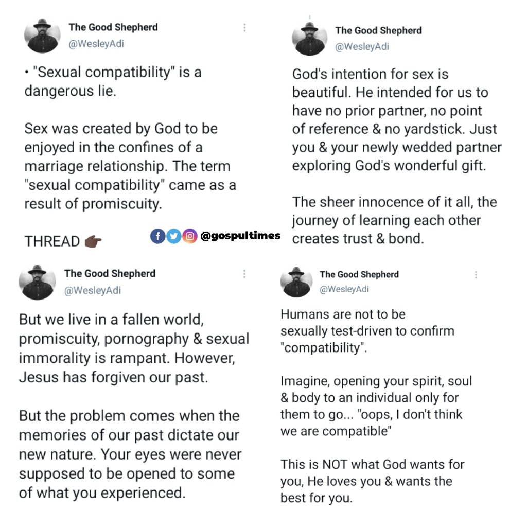 GospulTimes's tweet photo. "Sexual Compatibility is a dangerous lie" - Christian content creator speaks up
@WesleyAdi
@gospultimes
#gospultimes #christian #sexualcompatibility #sex #gospelgist #marriage #gospel https://t.co/Xxf3y0K9XJ