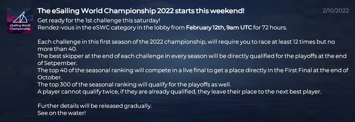 <a href="/worldsailing/">World Sailing 🌎⛵️</a> <a href="/Virtual_Regatta/">Virtual Regatta 🇬🇧</a> <a href="/VirtualRegatta/">Virtual Regatta</a> <a href="/EsailingTV/">eSailing TV</a> 90 minutes to go, and still waiting for the NOR to be posted, the official website is not working, and the VRRS have not been updated (last doc is a 2019 version) plus the in game info provided is not true.