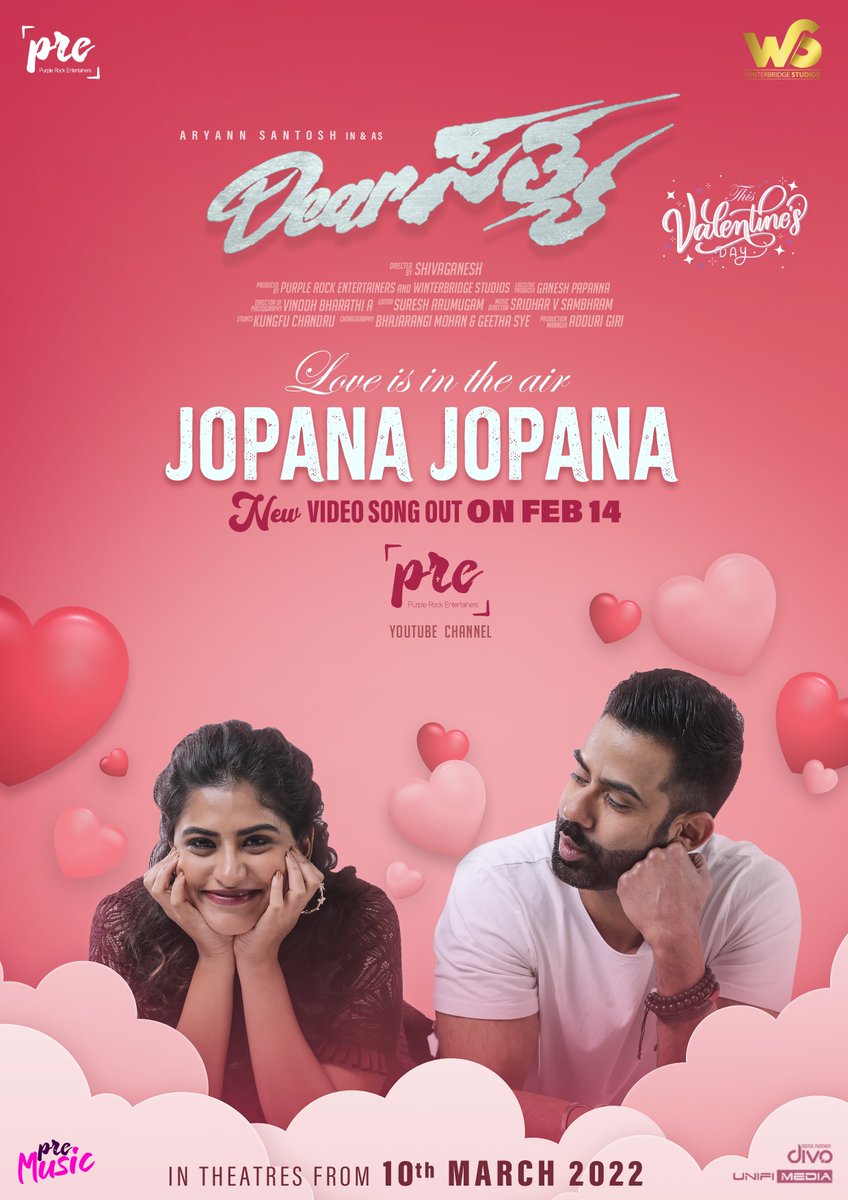 ‘Love is in the air..every sight and every sound’.!New romantic video song ‘Jopana Jopana’ from our film will be out on February 14th at 10am #DearSathya #PRE #PurpleRockEntertainers #WBS #WinterBridgeStudios #RoaringSoon #InTheatres #NewSong #Release #ValentinesDay #JopanaJopana